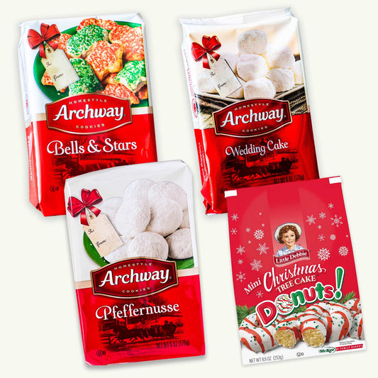 Archway Christmas Holiday Cookies Variety Pack - Bells and Stars, Wedding Cake, Pfeffernusse - Little Debbie Christmas Mini Donuts - 4 Packs