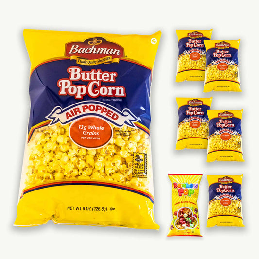 Bachman Air Popped Butter Popcorn 8oz (6 bags) - Rainbow Candy Coated Popcorn (2oz)