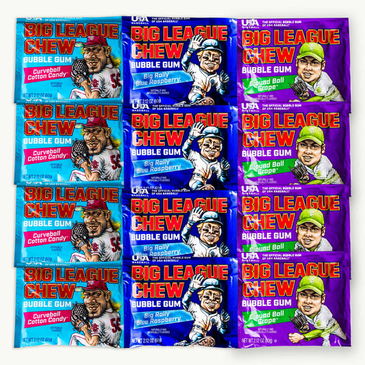 Big League Chew Bubble Gum Variety Pack 2.12oz - Big Rally Blue Raspberry, Curve Ball Cotton Candy, Ground Ball Grape - 12 Items