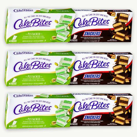 Cakebites Pistachio (2oz) & Snickers (1.76oz) Variety Pack — 6 Boxes (24 Grab & Go Cakes)