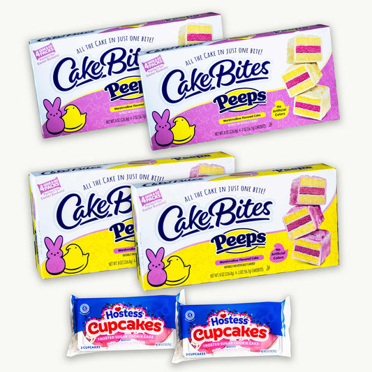 Cakebites Easter Peeps Marhmnallow Flavored Cakes 8oz (4 Packs) - Hostess Frosted Sugar Cookie Cupcakes (2 packs) - 20 Items