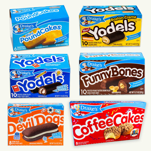 Drake's Variety Pack - Yodels, Coffee Cake, Devil Dogs, Boston Cream Yodels, Funny bones, Mini Pound Cakes - 6 Packs
