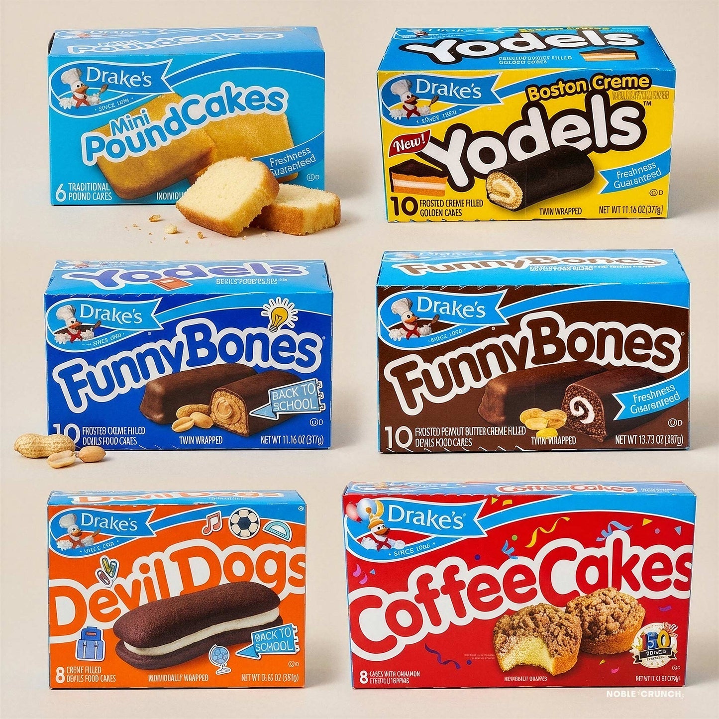 Drake's Variety Pack - Yodels, Coffee Cake, Devil Dogs, Boston Cream Yodels, Funny bones, Mini Pound Cakes - 6 Packs