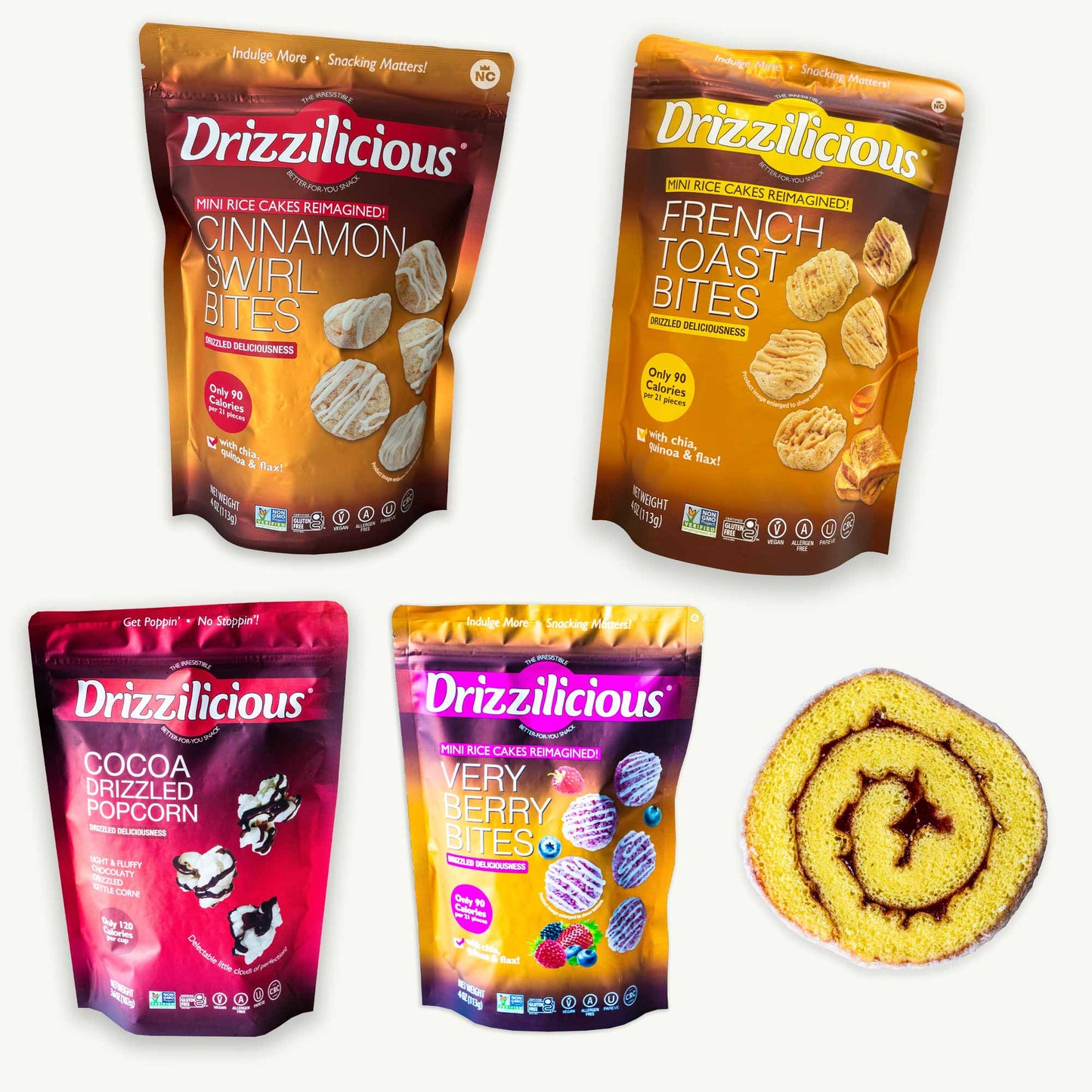 Drizzilicious Mini Rice Cakes Variety Pack - Cinnamon Swirl (4oz), French Toast Bites (4oz), Cocoa Drizzled Popcorn (3.6oz),  Very Berry Bites (4oz) - Guava Jelly Roll (3,25oz) - 5 Items