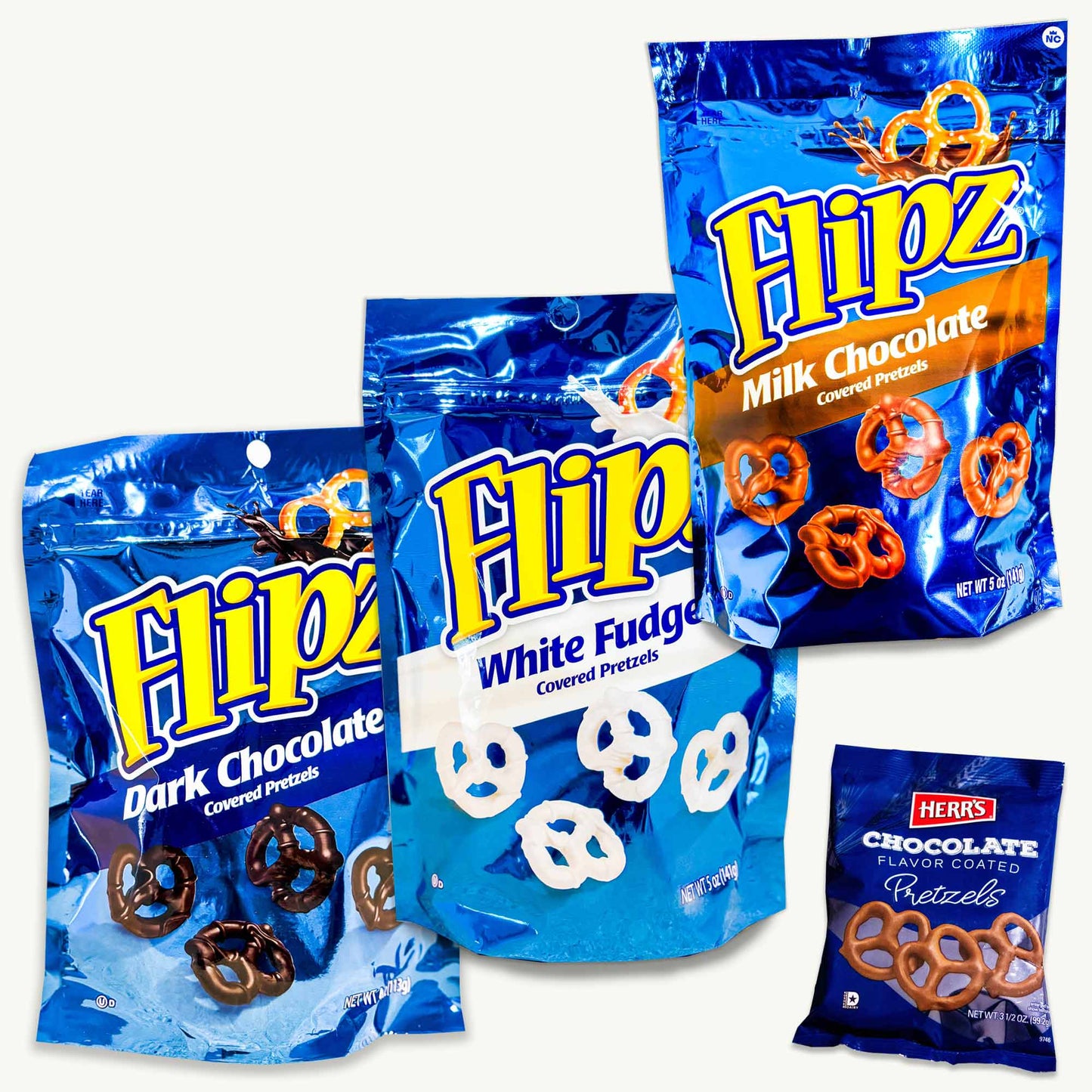 Flipz Chocolate Covered Pretzels - Milk Chocolate - Dark Chocolate - White Fudge - Herr's Chocolate Covered Pretzels