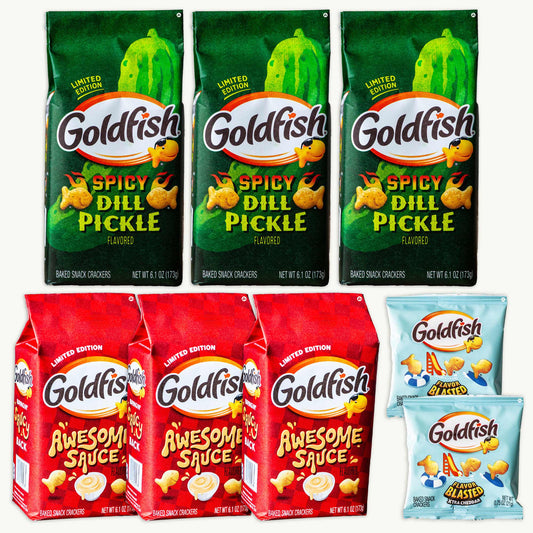 Goldfish Variety Pack 6.1oz -  Spicy Dill Pickle (3pk)  -  Awesome Sauce (3pk) - Flavor Blased Xtra Cheddar (2pk) - Limited Editions - 8 Packs