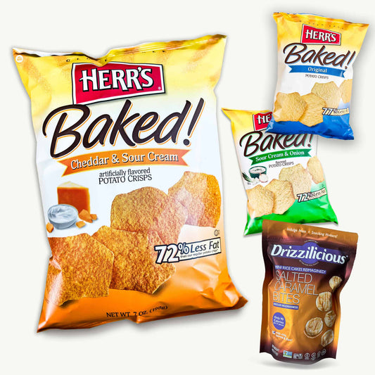 Herr's Baked Potato Crisps (3, 7oz bags) - Original - Sour Cream Onion - Cheddar Sour Cream - Drizzilicious Salted Caramel Bites Mini Rice Cakes (4oz)