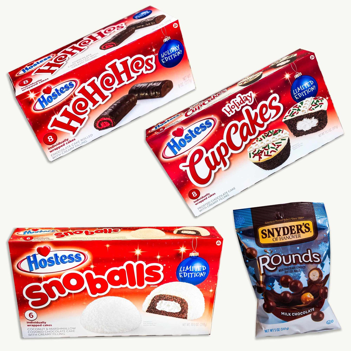 Hostess Christmas Variety Pack - HoHoHos, Snowballs, Cupcakes - Snyder's Chocolate Pretzel Rounds (5oz)