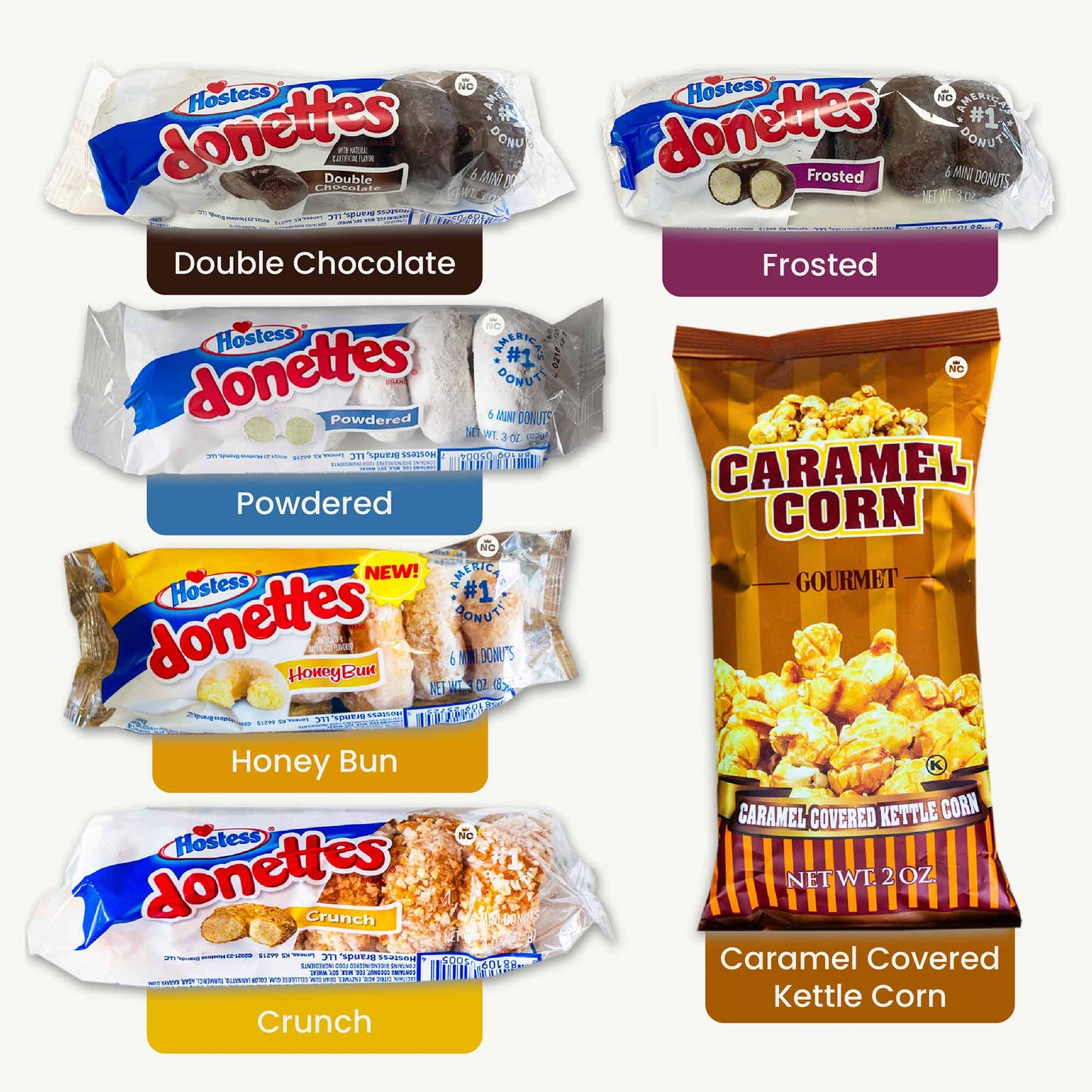 Hostess Donettes - HoneyBun - Powdered - Double Chocolate - Frosted - Crunch - Caramel Popcorn (2oz)