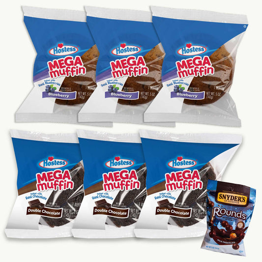 Hostess Mega Muffins Double Chocolate (3pk) - Blueberry (3pk) - Snyder's Rounds Chocolate Pretzel Balls (5oz)