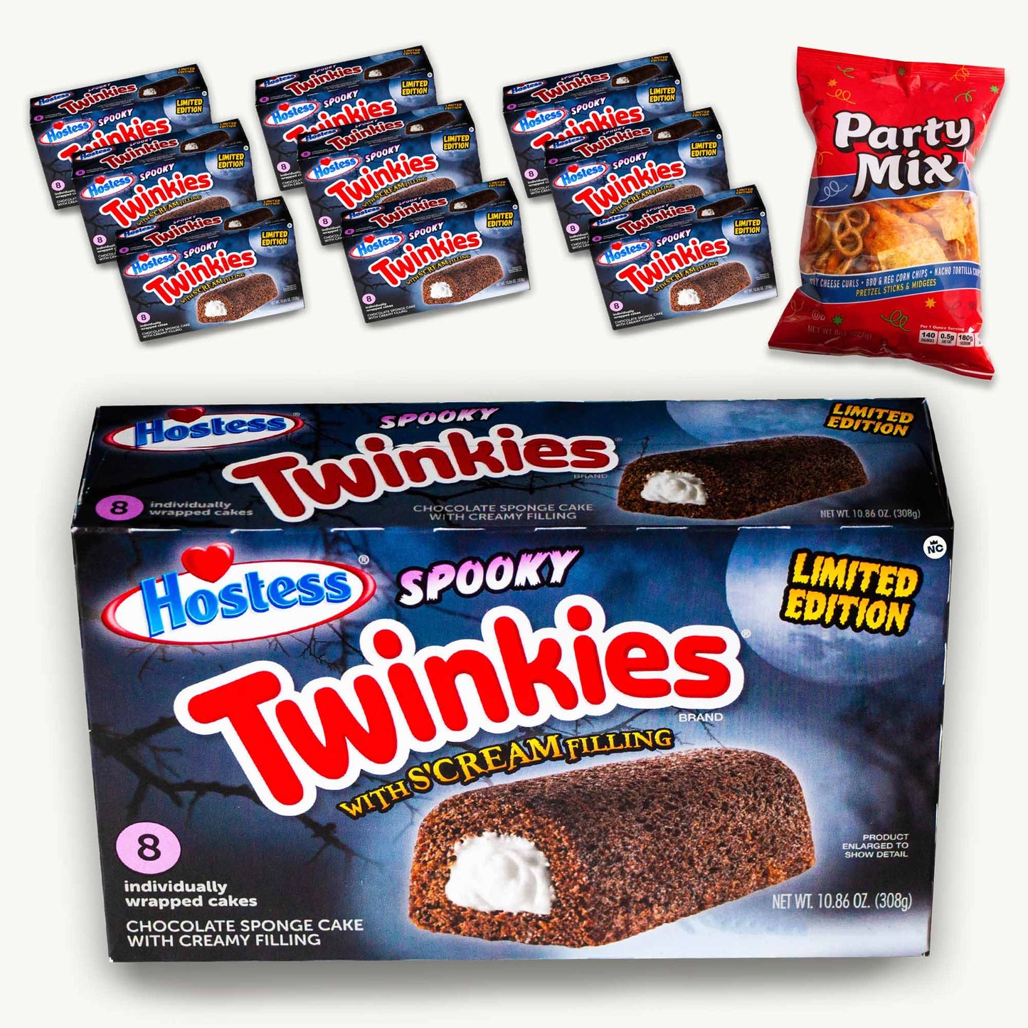 Hostess Halloween Spooky Twinkies (10 packs - 80ct) - Gourmet Party Mix (8oz) - Delicious Halloween Fall Treats