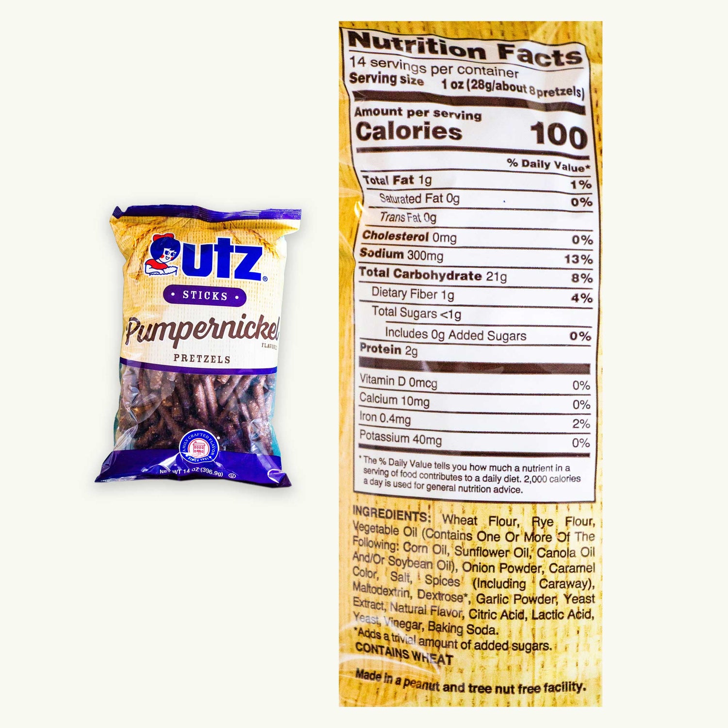 Outz Pumpernickel Pretzel sticks packaging with nutrition facts label on a white background