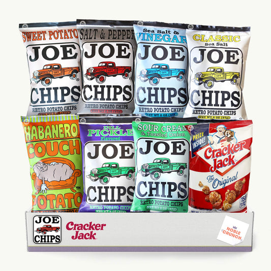 Joe Chips Kettle Potato Chips Variety Pack - 7, 2oz Unique Flavors - Cracker Jacks Caramel Popcorn 1.25oz - 8 Items