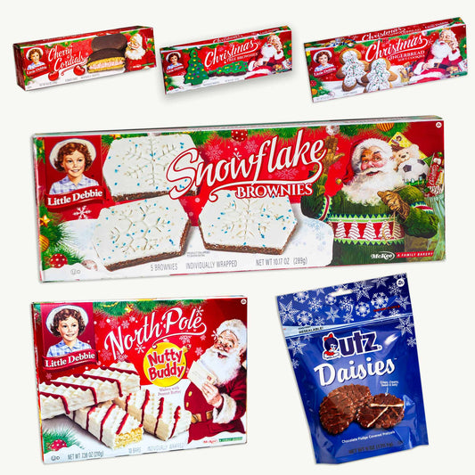 Little Debbie Christmas Treats - Cherry Cordials, Christmas Tree Brownies, Gingerbread Soft Cookies, Snowflake Brownies, North Pole Nutty Buddy - Utz Daisies Fudge Pretzels - 6 Packs