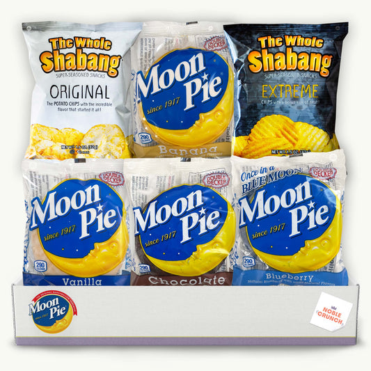 Moon Pies Variety Pack 2.75oz - Chocolate, Vanilla, Blueberry, Banana - The Whole Shabang Potato 1.5oz Chips (Original, Extreme) - 6 Items