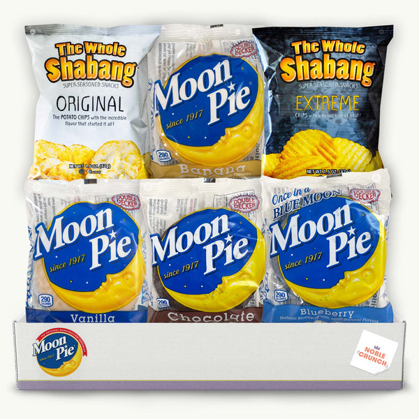 Moon Pies Variety Pack 2.75oz - Chocolate, Vanilla, Blueberry, Banana - The  Whole Shabang Potato 1.5oz Chips (Original, Extreme) - 6 Items