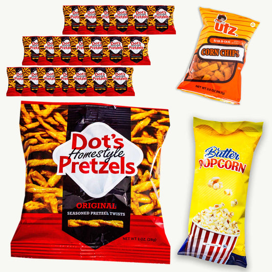 Dot's Original Seasoned Pretzel Twists (20, 1oz pks) - Butter Popcorn (1.15oz) - Utz BBQ Corn Chips (3.5oz)