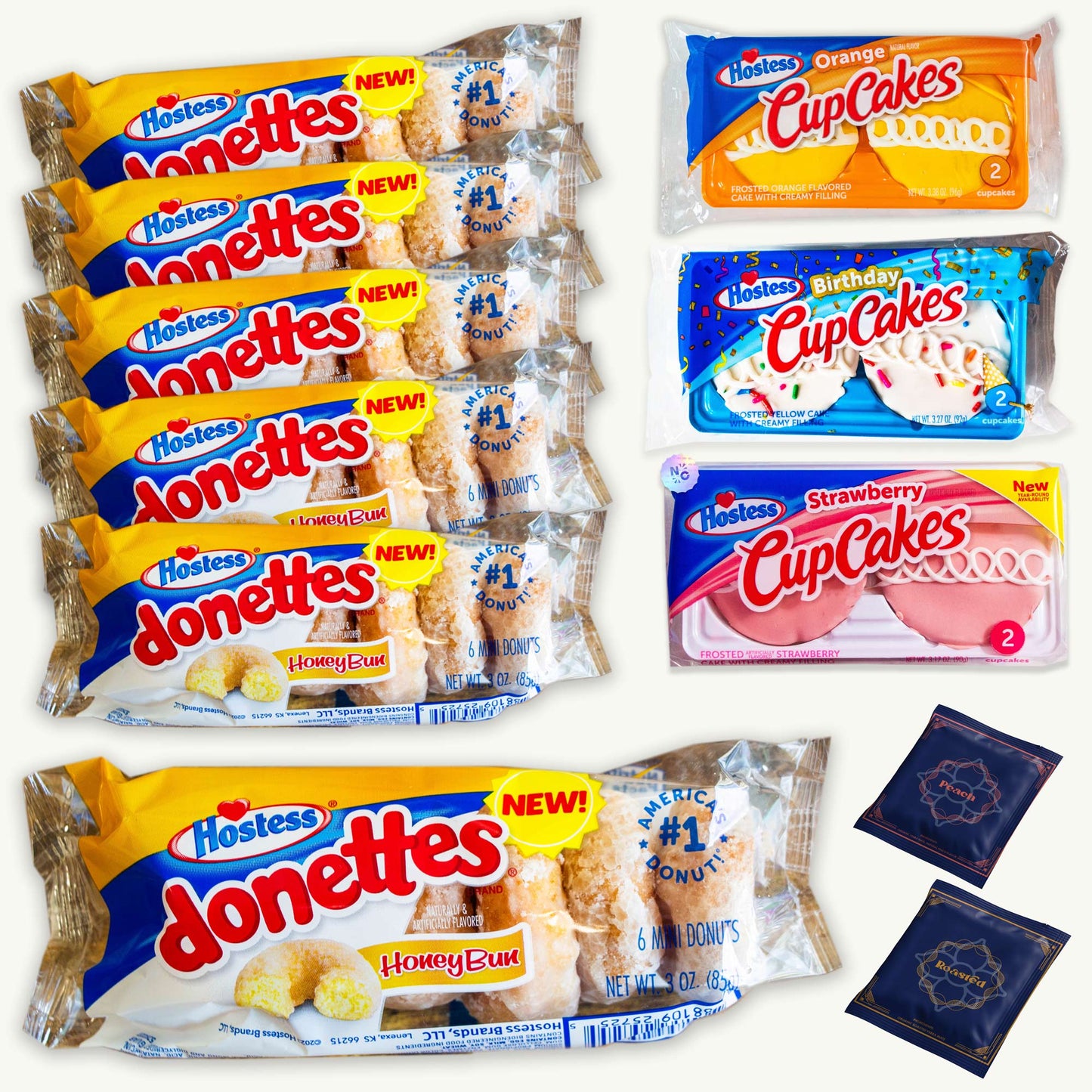 Hostess Honey Bun Donettes (36 mini donuts) - Strawberry, Birthday, Orange Cupcakes (6) - Peach and Roasted Organic Yerba Mate Teabags (2 teabags)