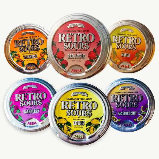 Retro Sours Candy Variety Pack - Tangerine, Citrus, Passion Fruit, Red Apple, Raspberry, Mango - 6 Packs
