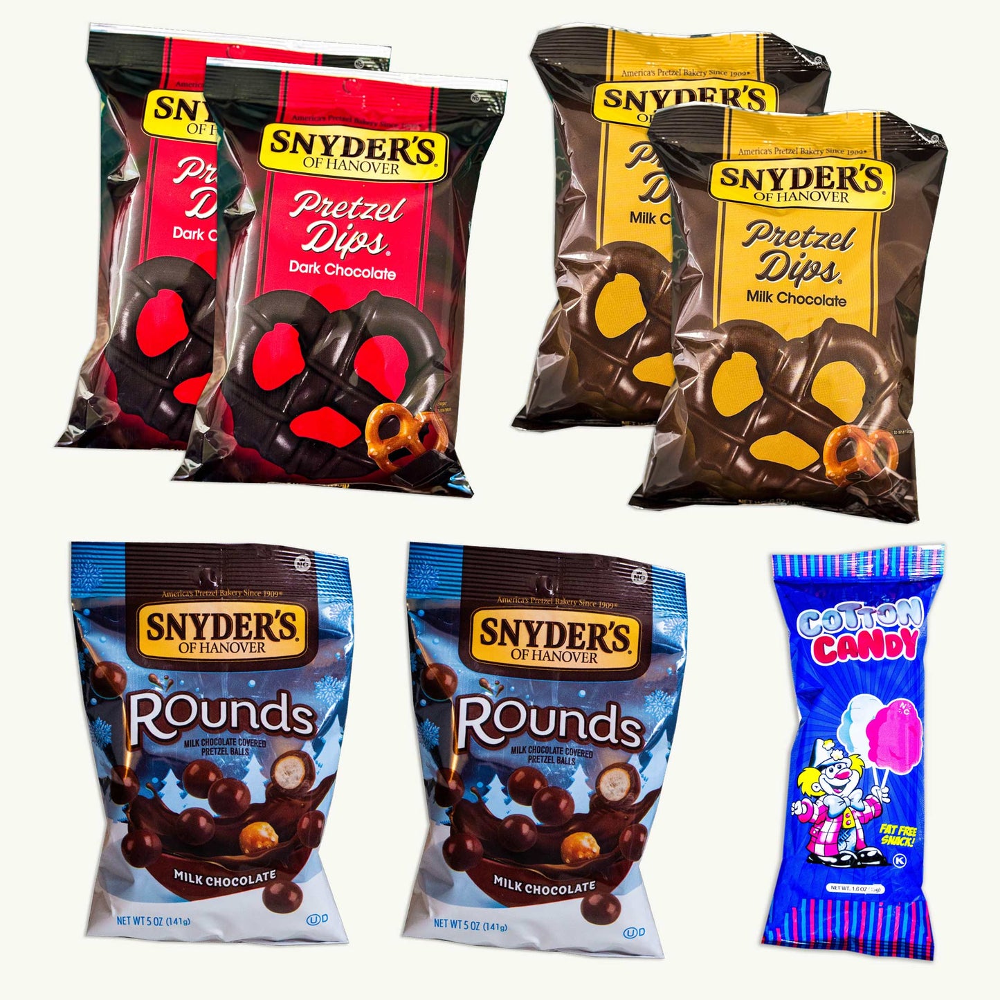 Snyder’s Christmas Chocolate Pretzel Dips (2pk Milk, 2pk Dark) - Chocolate Rounds (2pk) + Cotton Candy 1.6oz — 7 Items