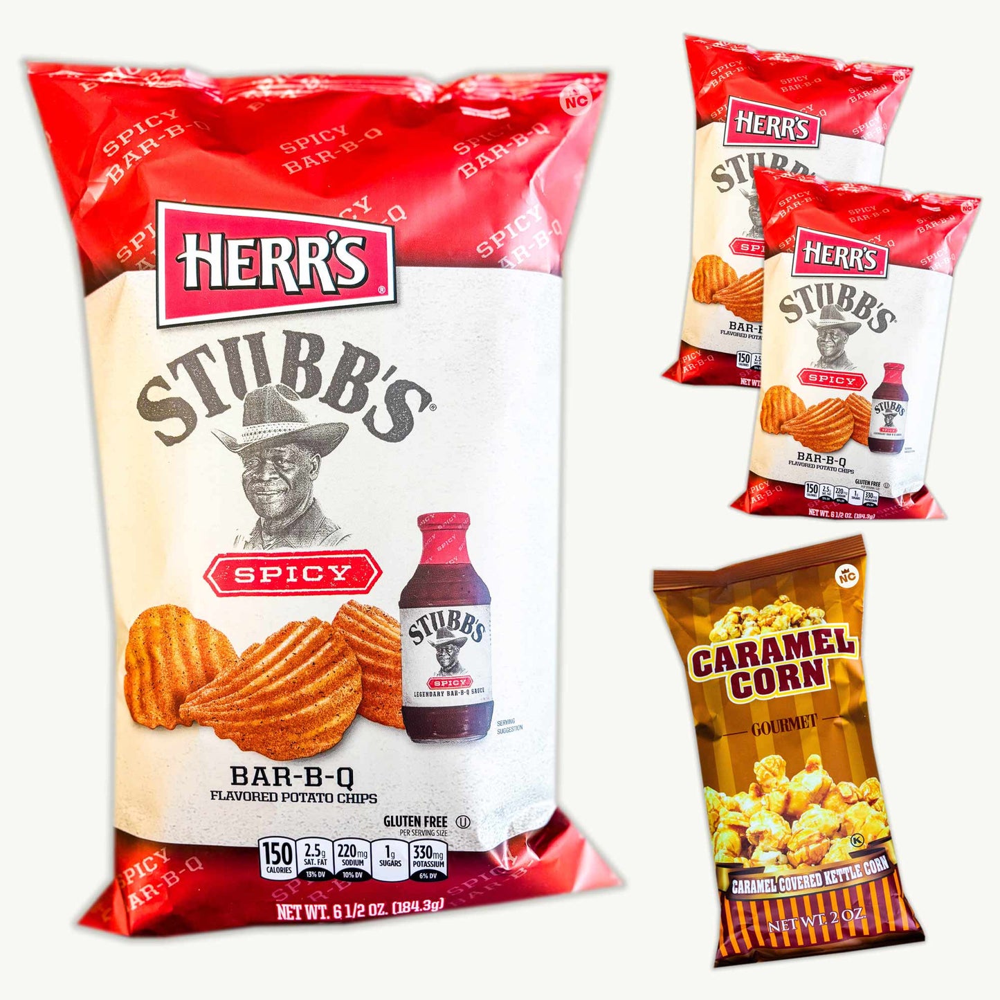 Stubb's Spicy BBQ Potato Chips (3pks - 6.5oz) - Caramel Kettle Popcorn (2oz)