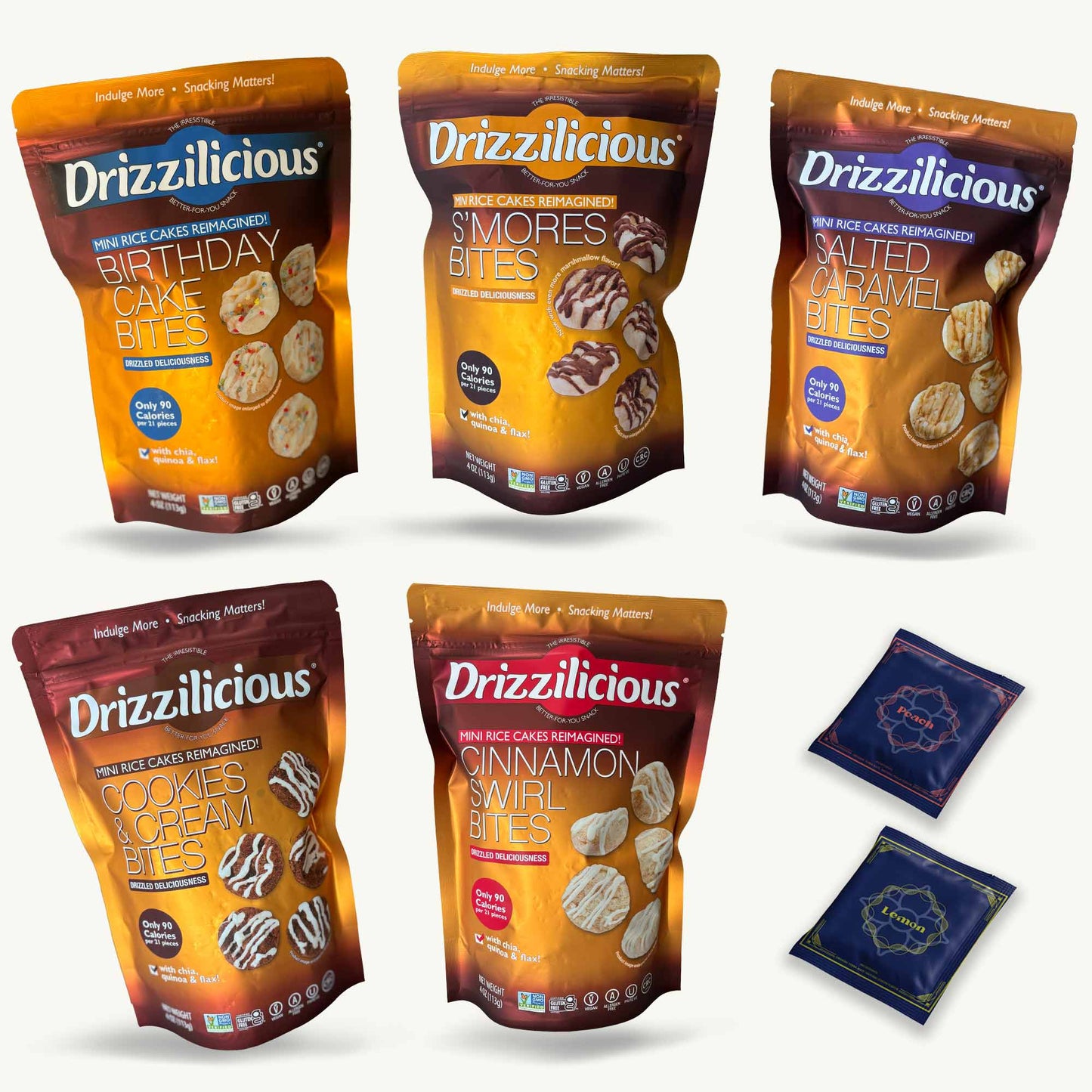 Drizzilicious Mini Rice Cakes Variety Pack - Birthday, Smores, Salted Caramel, Cookies & Cream, Cinnamon Swirl - Organic Lemon, Peach Yerba Mate Teabags