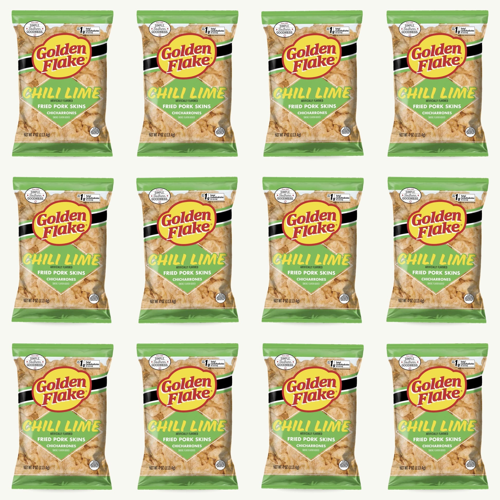 Golden Flake Chili Lime Fried Pork Skins Chicharrones 4oz — 12-pack