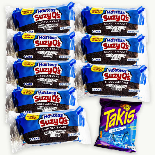 Hostess Suzy Q's Creme Filled Chocolate Cakes 2.6oz (8 packs) -Takis Blue Heat Chili Pepper Tortilla Chips 3.25oz - 9 Items