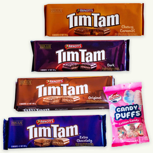 Tim Tam Cookies Variety Pack -  Extra Chocolaty, Chewy Caramel, Dark, Original - Redbird Cotton Candy Puffs - 5 Items
