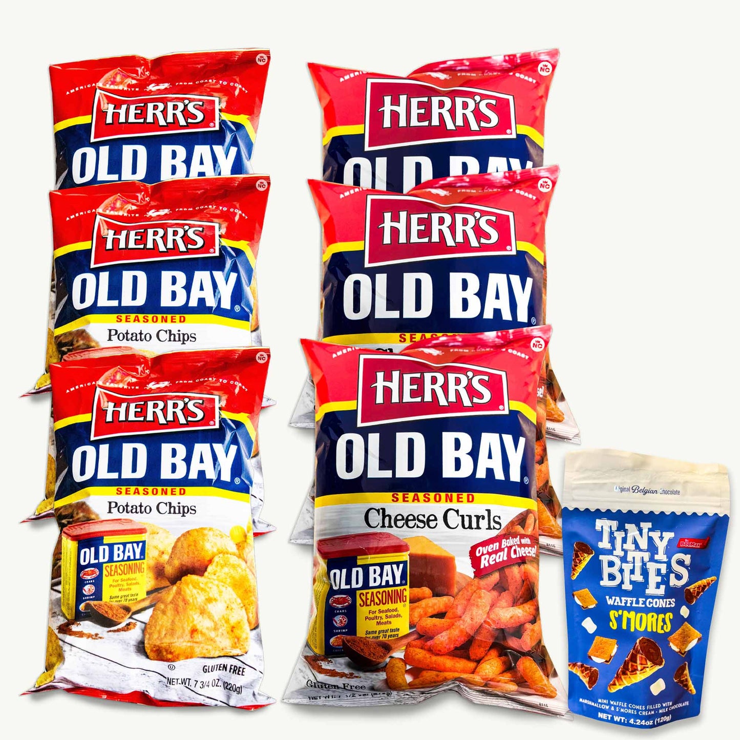 Herr's Old Bay Potato Chips 7.75oz (3 bags)- Cheese Curls 7.5oz (3 bags) - Tiny Bites Marshmallow Smores Mini Waffle Cones 4.24oz (1 bag) - 7 Bags