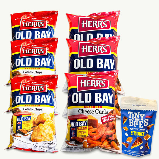 Herr's Old Bay Potato Chips 7.75oz (3 bags)- Cheese Curls 7.5oz (3 bags) - Tiny Bites Marshmallow Smores Mini Waffle Cones 4.24oz (1 bag) - 7 Bags