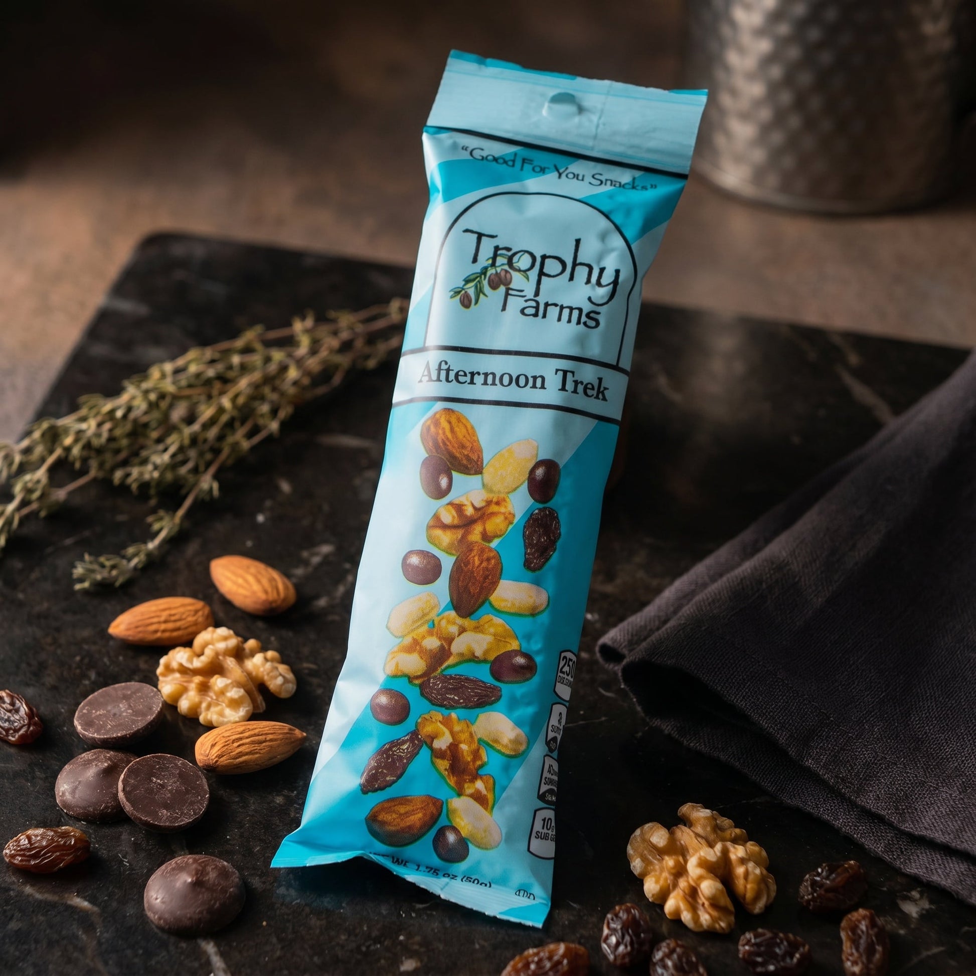 Trophy Farms Afternoon Trek Trail Mix — Nuts, Dark Chocolate & Raisins, 1.75 oz — fine scene