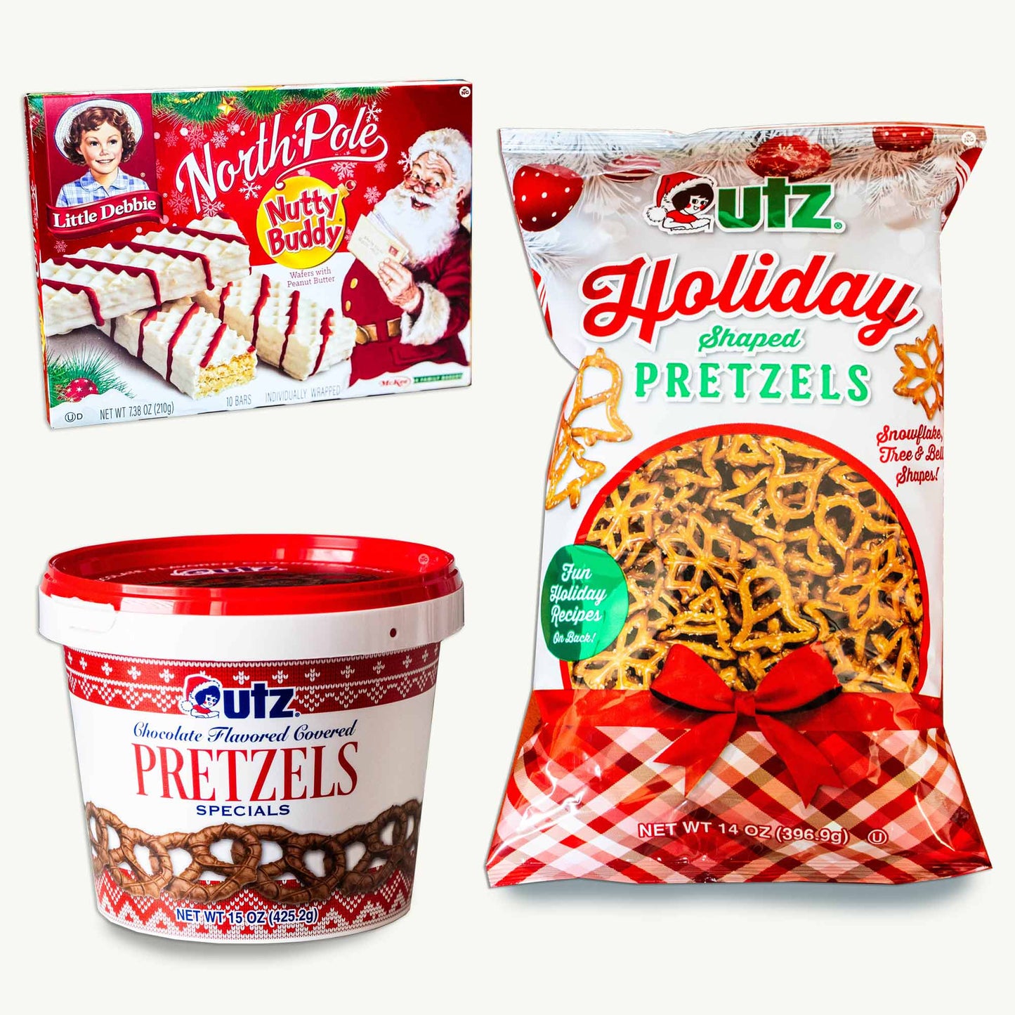 Utz Holiday Shaped Pretzels - Chocolate Covered Pretzels - Little Debbie North Polo Nutty Bars