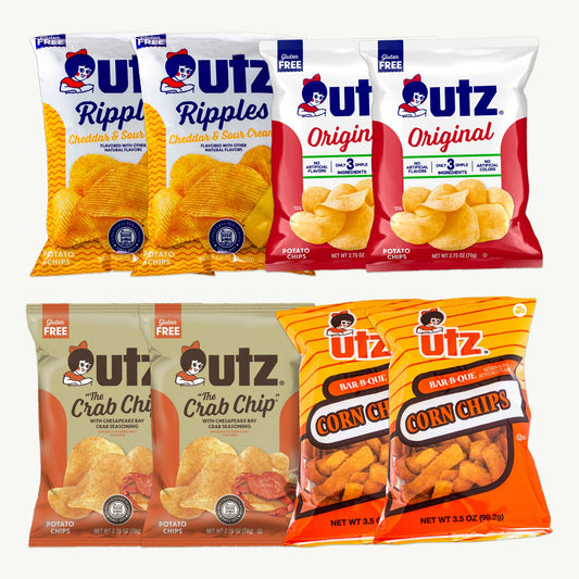 Utz Snack Variety Pack 2.75oz — Original (2), Ripples Cheddar Sour Cream (2), The Crab Chip (2), &amp; Bar-BBQ Corn Chips (2) - 8 Bags
