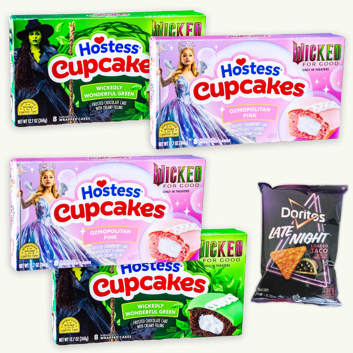 Hostess Wicked for Good Cupcake Variety Pack -  Wickedly Wonderful Green (2pk), Ozmopolitian Pink (2pk), Late Night Doritos 2.5oz - 5 Items