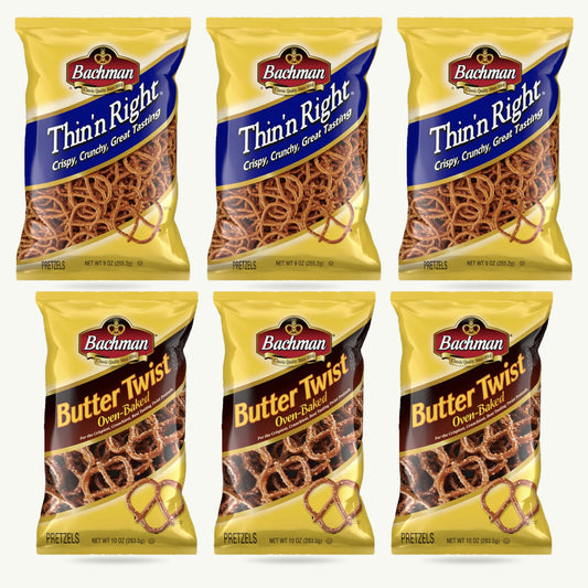 Bachman Pretzels Variety Pack – Thin 'n Right Pretzels (3), Butter Twist Pretzels (3) – Pretzel Variety Packs – 6 Bags