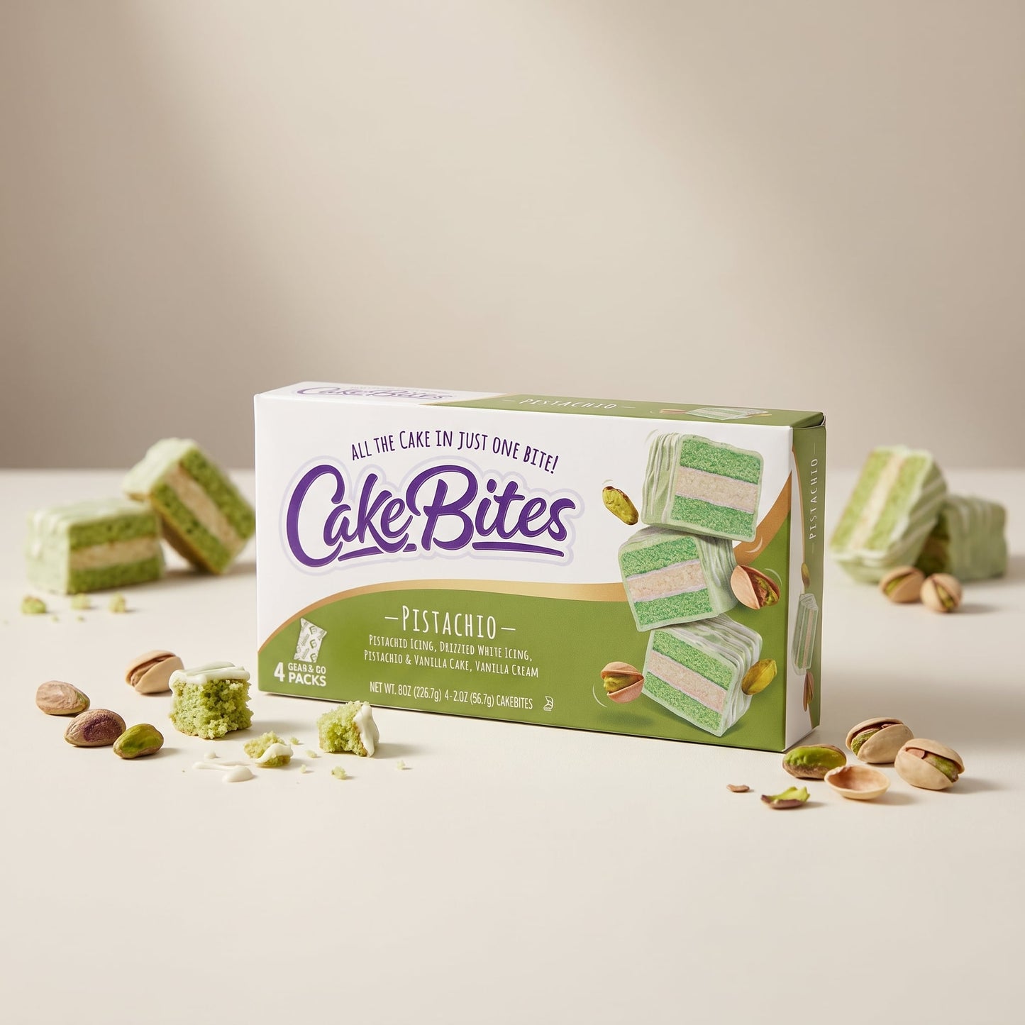 Cakebites Pistachio (2oz) & Snickers (1.76oz) Variety Pack — 6 Boxes (24 Grab & Go Cakes)