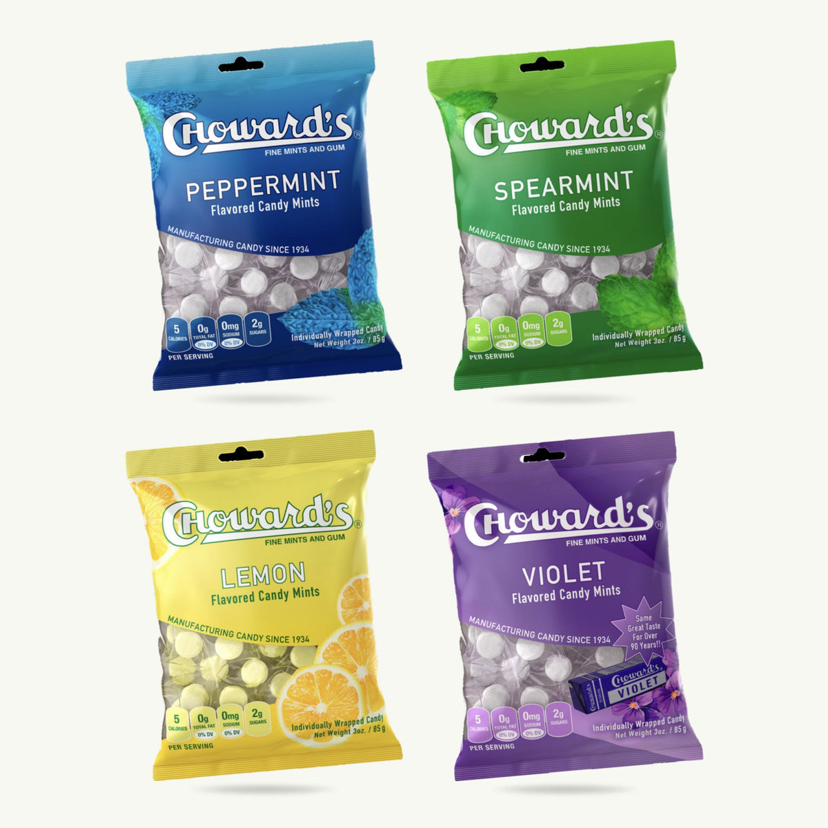 Choward's Choward's Candy Mints Variety Pack – Spearmint, Peppermint, Violet, Lemon – 4 Bags