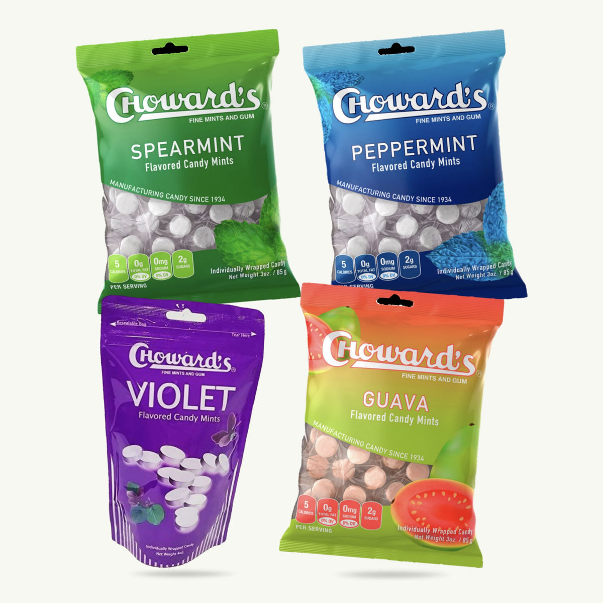 Choward's Choward's Candy Mints Variety Pack – Violet Mints 4oz, Peppermint Mints 3oz, Spearmint Mints 3oz, Classic Candy Mints – Breath Mints Hard Candy – 4 Bags