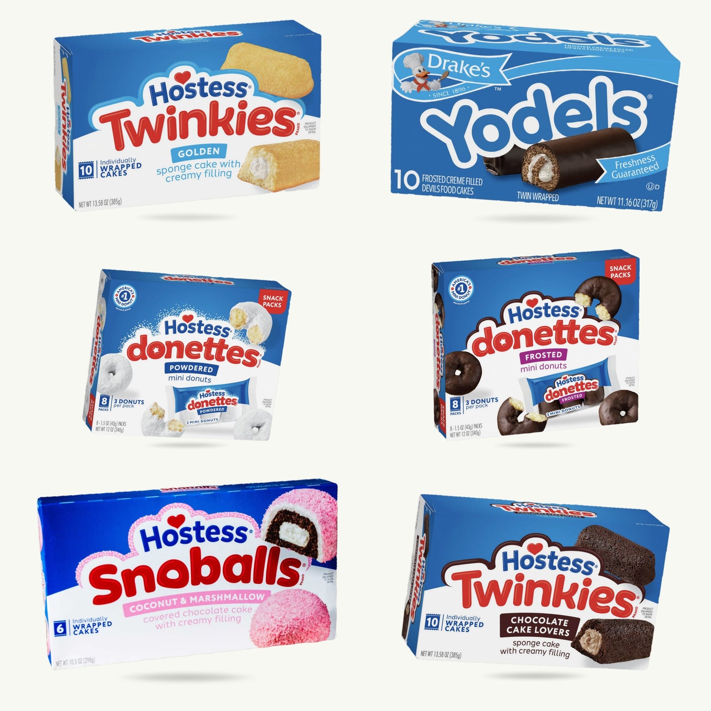 Hostess Drake's Snack Cake Variety Pack — Twinkies, Yodels, Donettes, Snoballs, Chocolate Twinkies - 6 Full Boxes