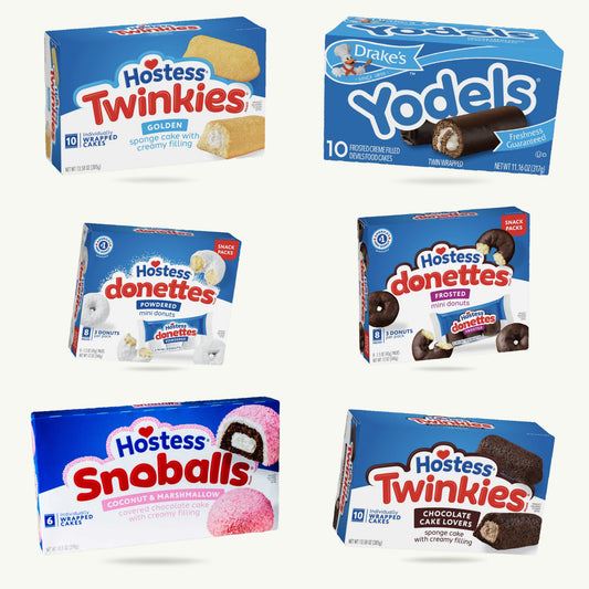 Hostess Drake's Snack Cake Variety Pack — Twinkies, Yodels, Donettes, Snoballs, Chocolate Twinkies - 6 Full Boxes