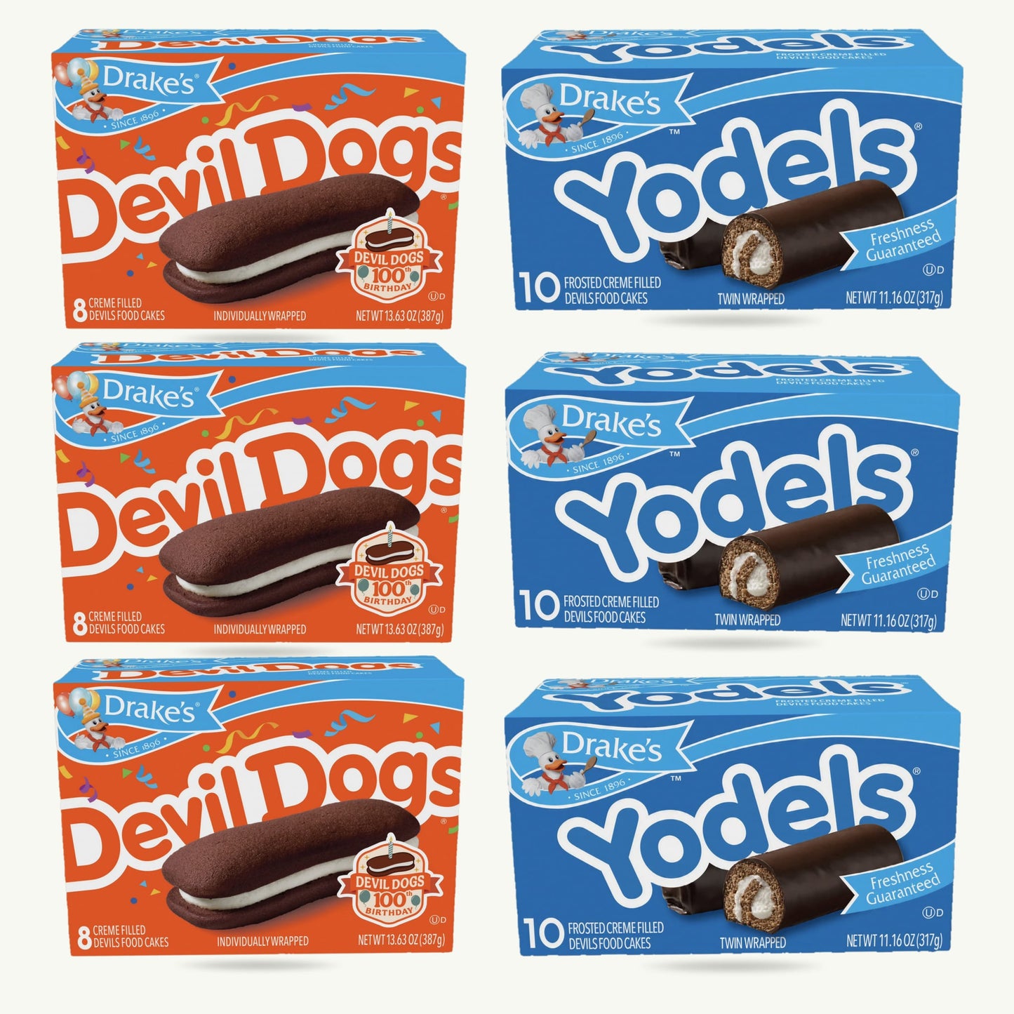 Drake's Snack Cakes Variety Pack – Devil Dogs (3), Yodels (3) – Cream-Filled Snack Cakes – 6 Boxes