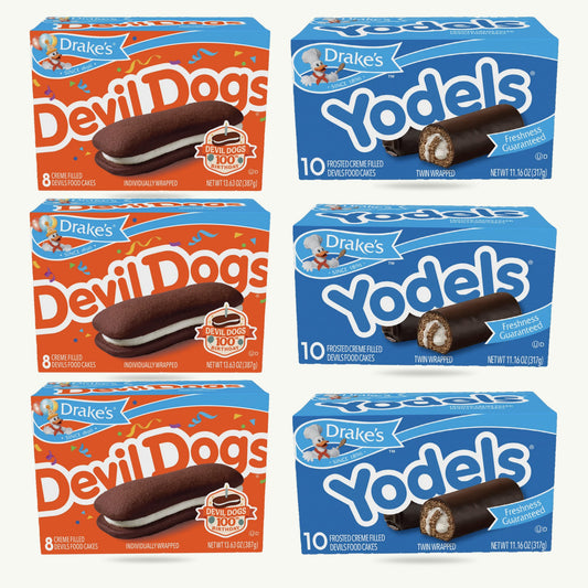 Drake's Snack Cakes Variety Pack – Devil Dogs (3), Yodels (3) – Cream-Filled Snack Cakes – 6 Boxes