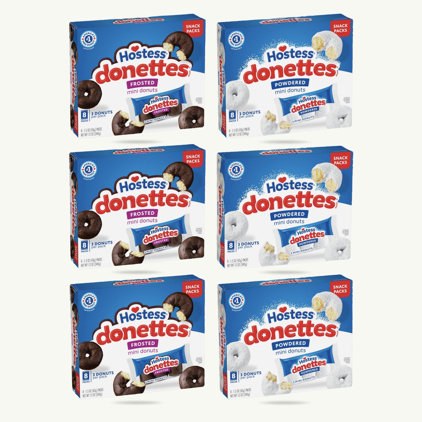Hostess Donettes Variety Pack — Frosted (3),  Powdered (3) Mini Donuts — 6 Packs