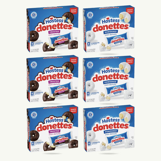 Hostess Donettes Variety Pack — Frosted (3),  Powdered (3) Mini Donuts — 6 Packs