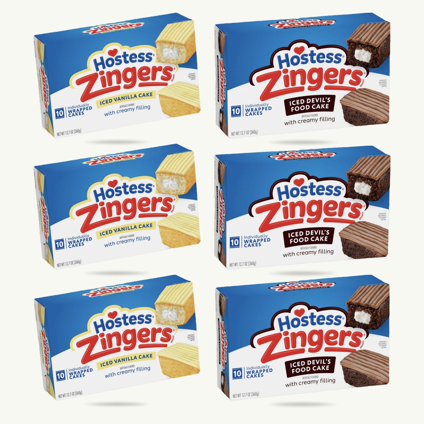 Hostess Zingers Variety Pack — Iced Vanilla (3) Devil's Food Chocolate Snack Cakes (3) — 6 Boxes