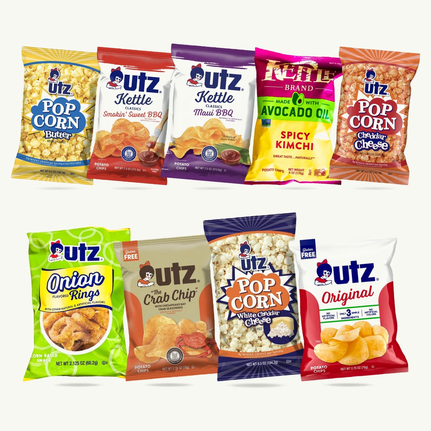 Utz Kettle Brand Snack Variety Pack — Potato Chips (Crab, Original, Maui, Smokin Sweet BBQ), Spicy Kimchi Kettle Chips, Popcorn (Butter, White Cheddar, Cheddar), Onion Rings Snacks - 9 Bags
