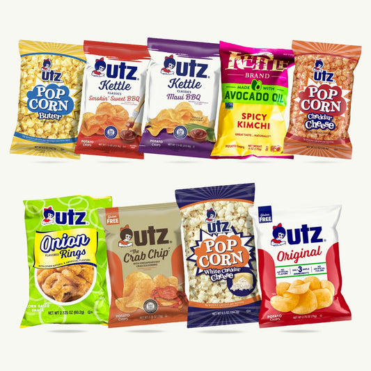 Utz Kettle Brand Snack Variety Pack — Potato Chips (Crab, Original, Maui, Smokin Sweet BBQ), Spicy Kimchi Kettle Chips, Popcorn (Butter, White Cheddar, Cheddar), Onion Rings Snacks - 9 Bags
