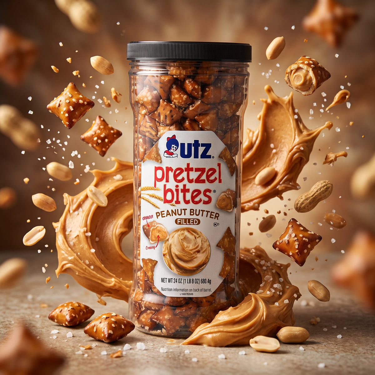 Utz Peanut Butter Pretzel Bites 24oz barrel — creative scene