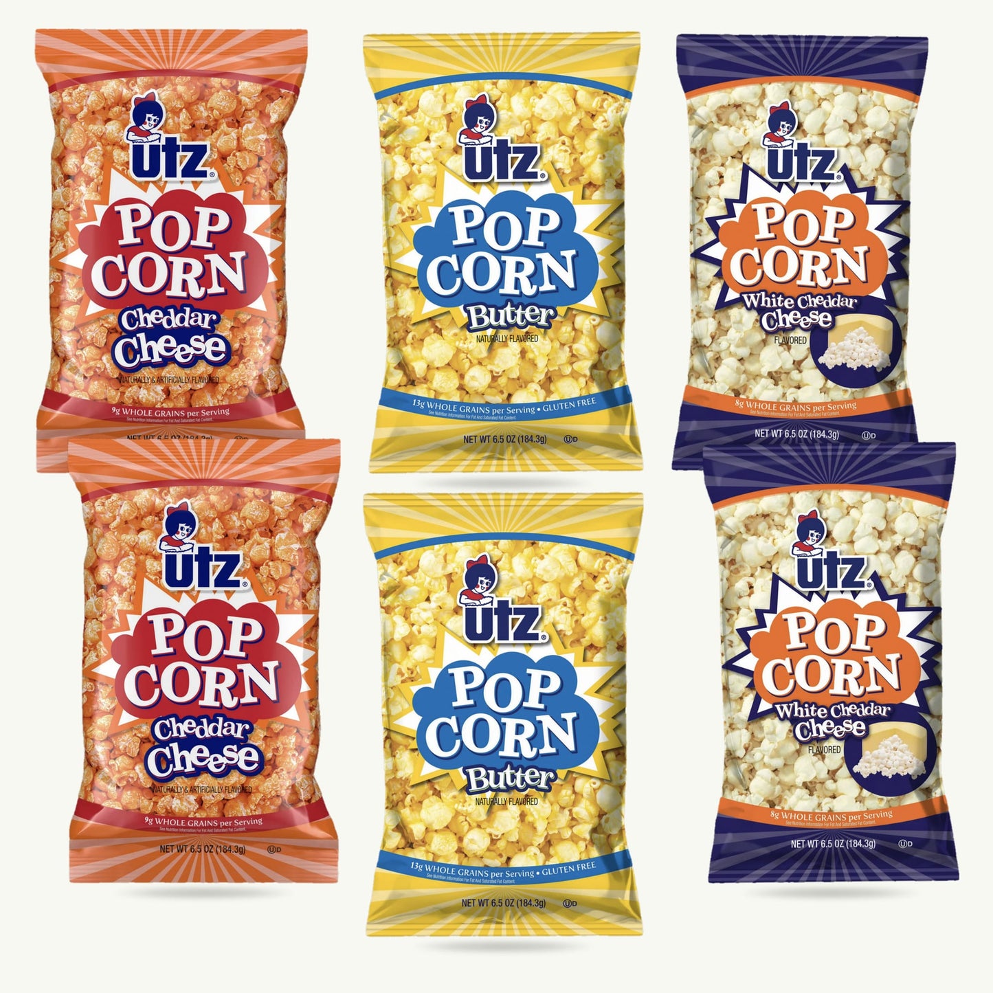 Utz Popcorn Variety Pack 6.5oz – Cheddar Cheese (2), Butter (2), White Cheddar (2) – Popcorn Variety Packs – 6 Bags
